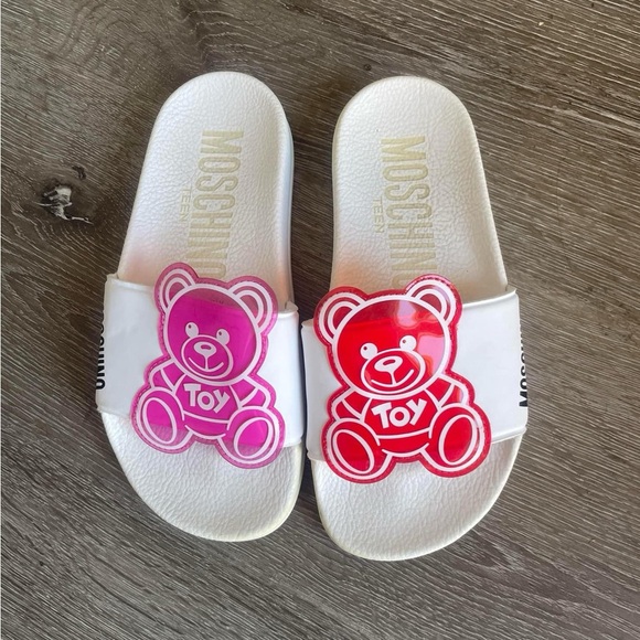 Moschino Kids White Slides with Pink and Red Bear Design